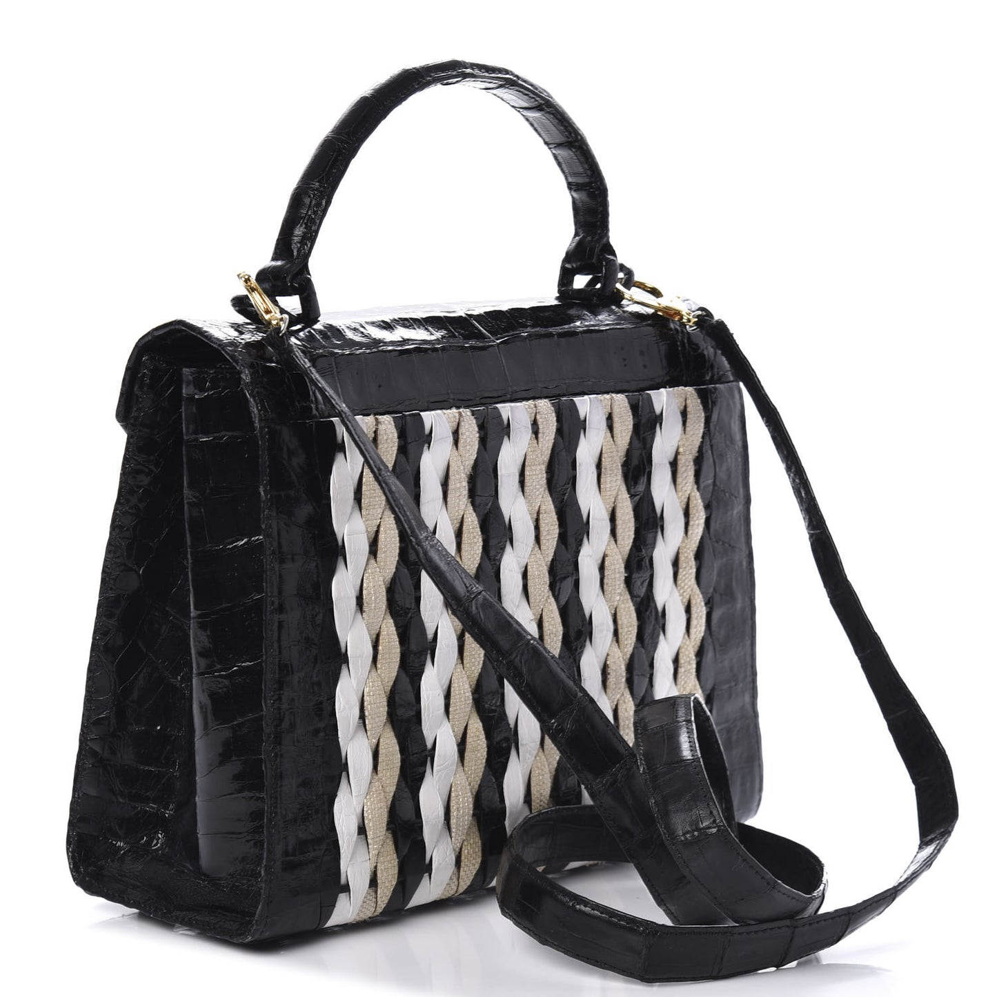 Crocodile Linen Medium Lily Top Handle Bag Black
