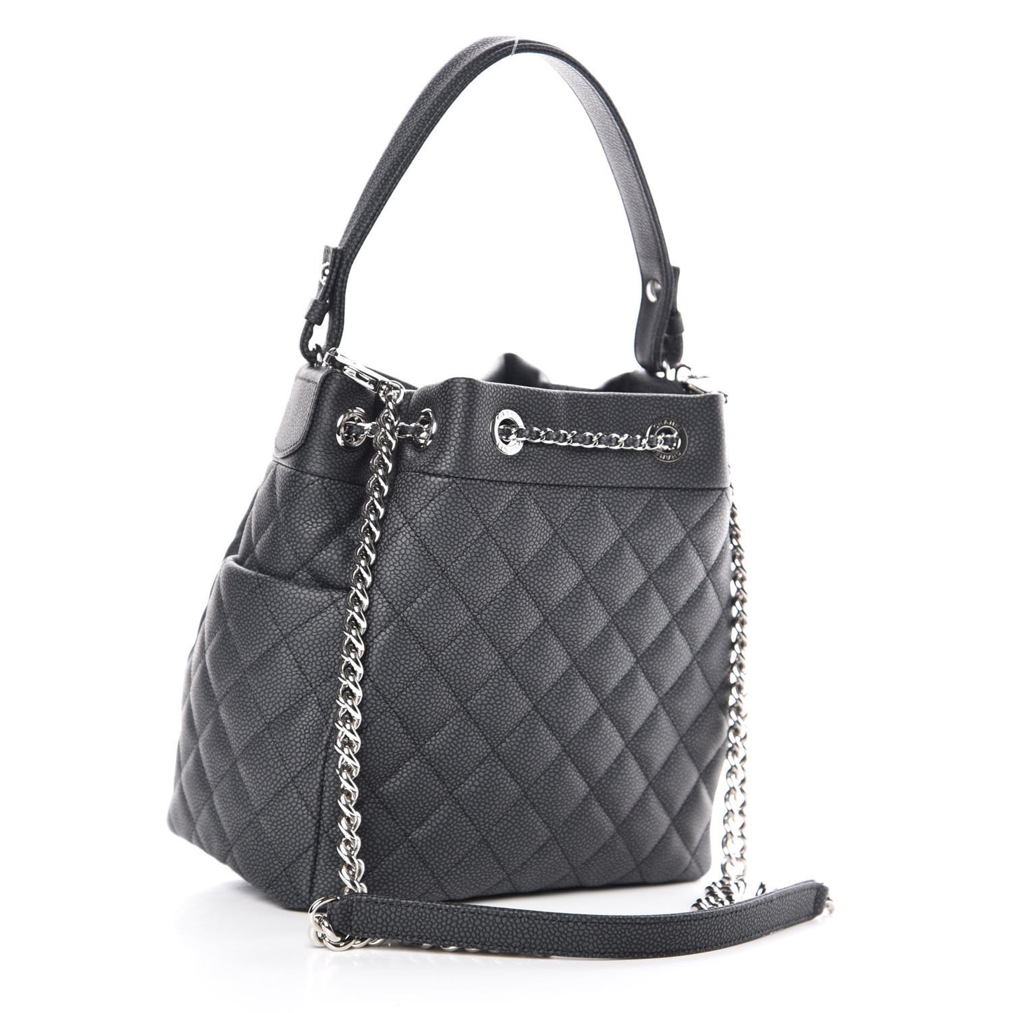 Grained Calfskin Quilted Small Chain Bucket Bag Grey