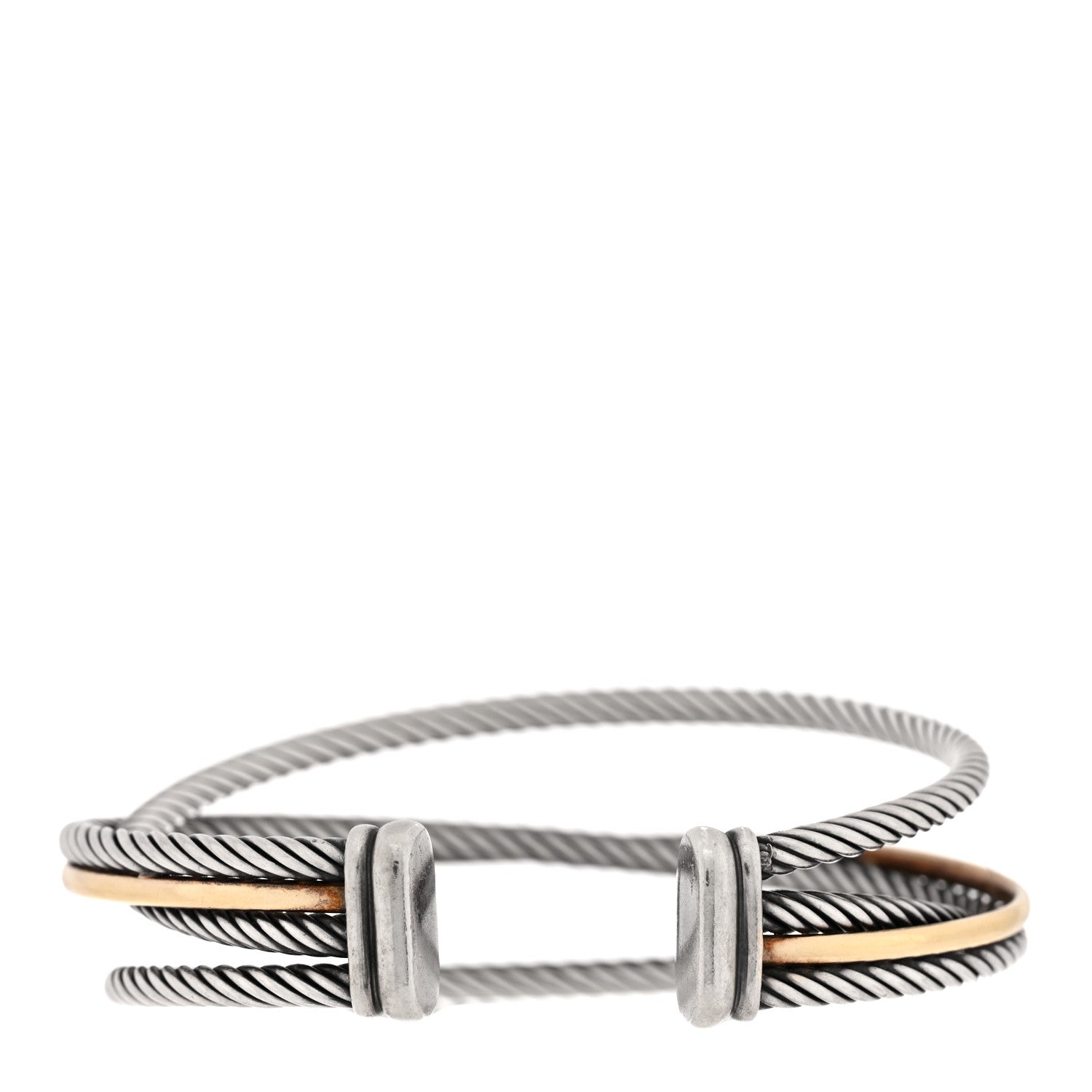 David Yurman Sterling Silver 18K Yellow Gold Crossover Three Row Cuff Bracelet 2 of 3