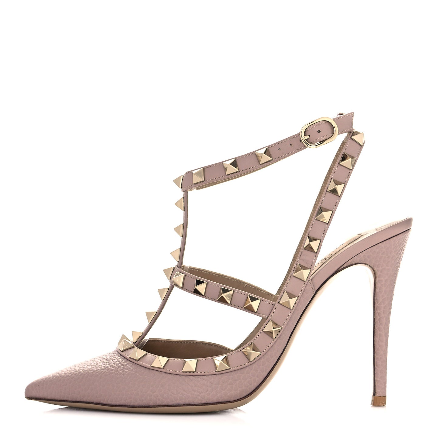 Pebbled Calfskin Rockstud Ankle Strap Pumps 37 Poudre