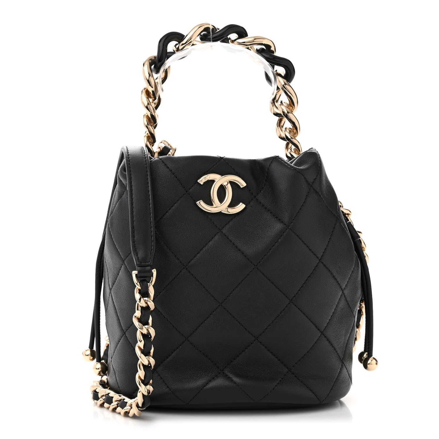 Chanel Shiny Lambskin Quilted Chain Is More Drawstring Bag Black 1 of 11