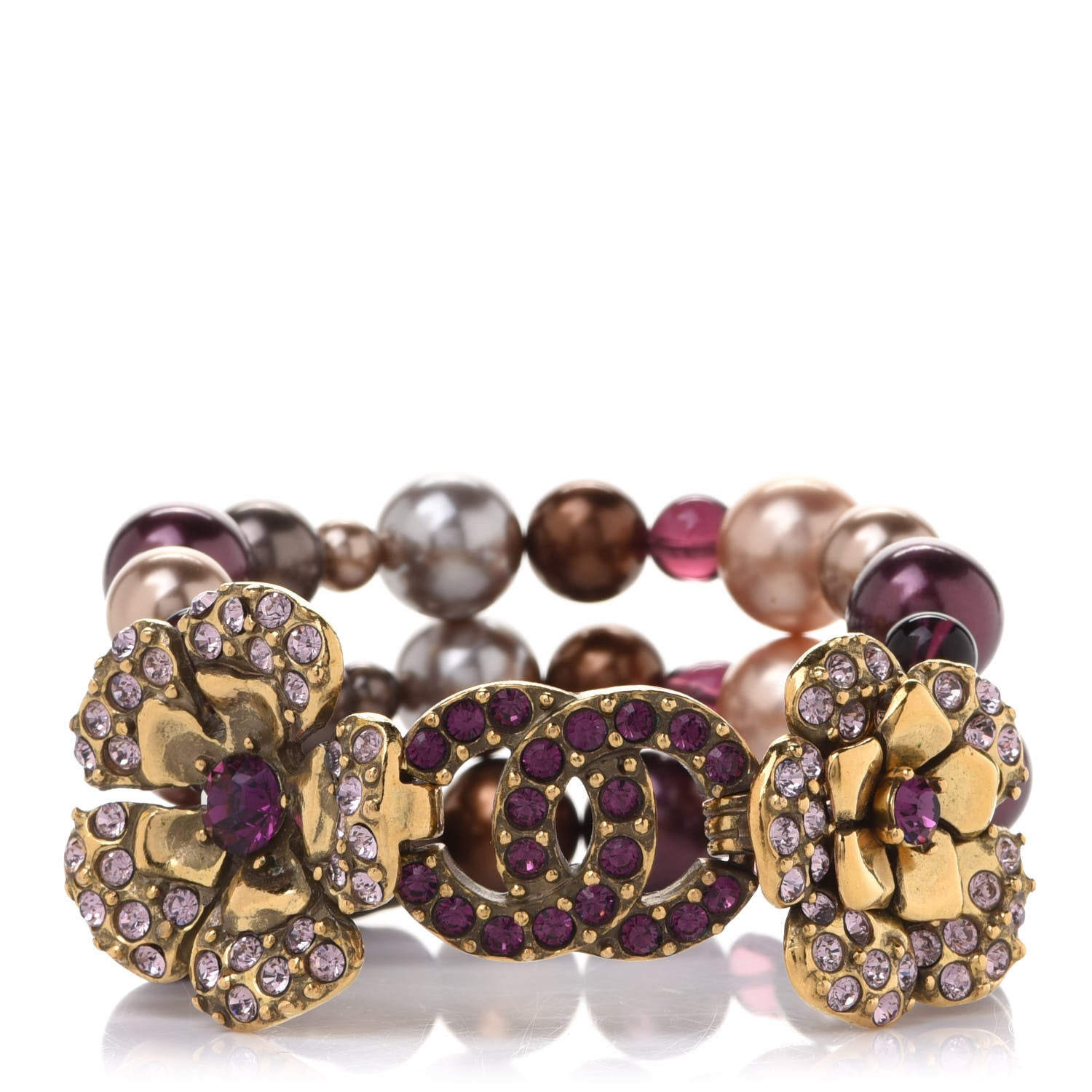 Chanel Crystal Bead CC Camellia Bracelet Purple Gold 1 of 4