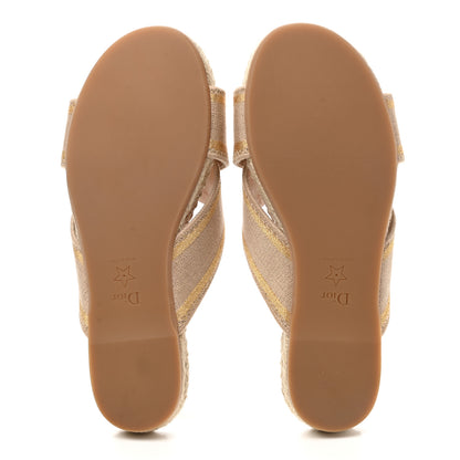 Christian Dior Canvas Embroidered Granville Espadrille Crisscross Flat Slide Sandals 37.5 Gold 5 of 9