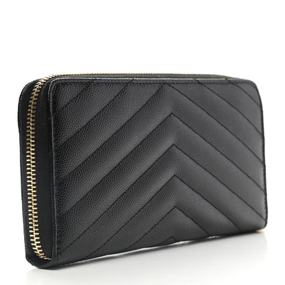 Saint Laurent Grain De Poudre Matelasse Chevron Monogram Zip Around Wallet Black 3 of 7