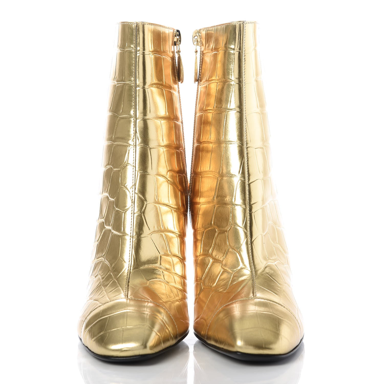 Chanel Calfskin Crocodile Embossed Cap Toe Ankle Boots 39 Gold 2 of 10