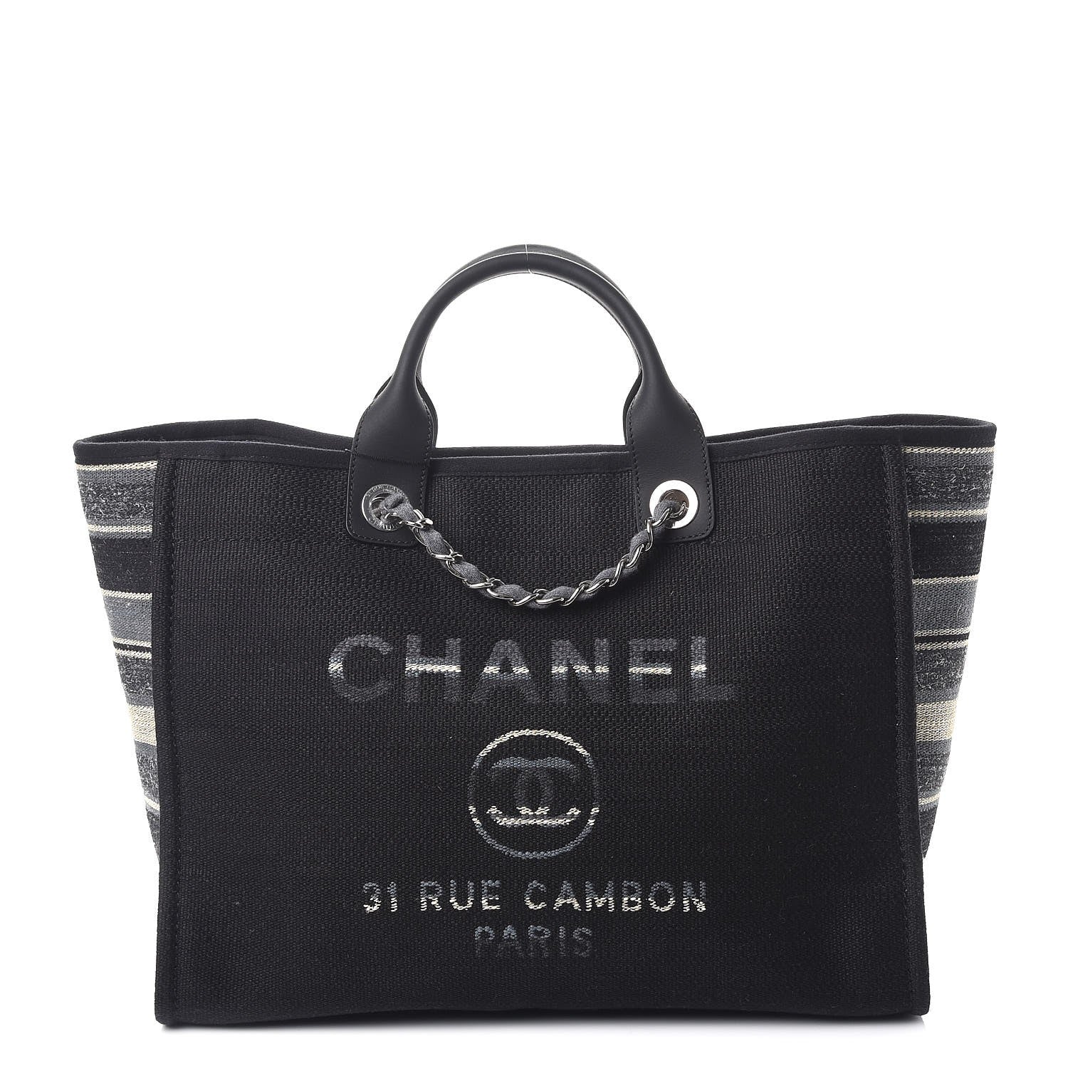 Chanel Striped Canvas Medium Deauville Tote Grey Black 1 of 8