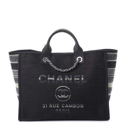 Chanel Striped Canvas Medium Deauville Tote Grey Black 1 of 8