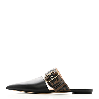 Fendi Vitello FF Embossed Buckle Flat Mules 40 Maya Black 1 of 9