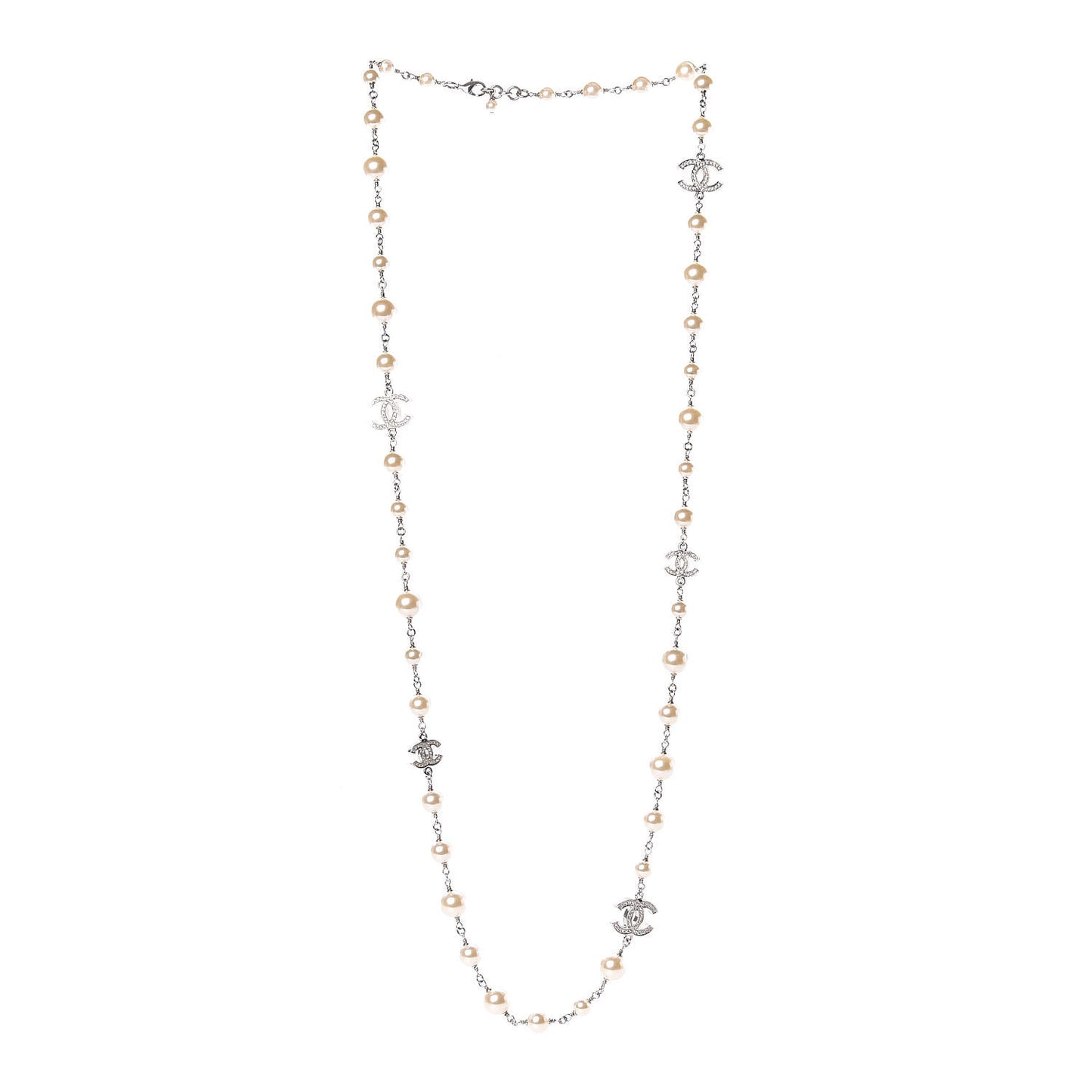 Graduated Pearl Crystal CC Long Necklace Silver