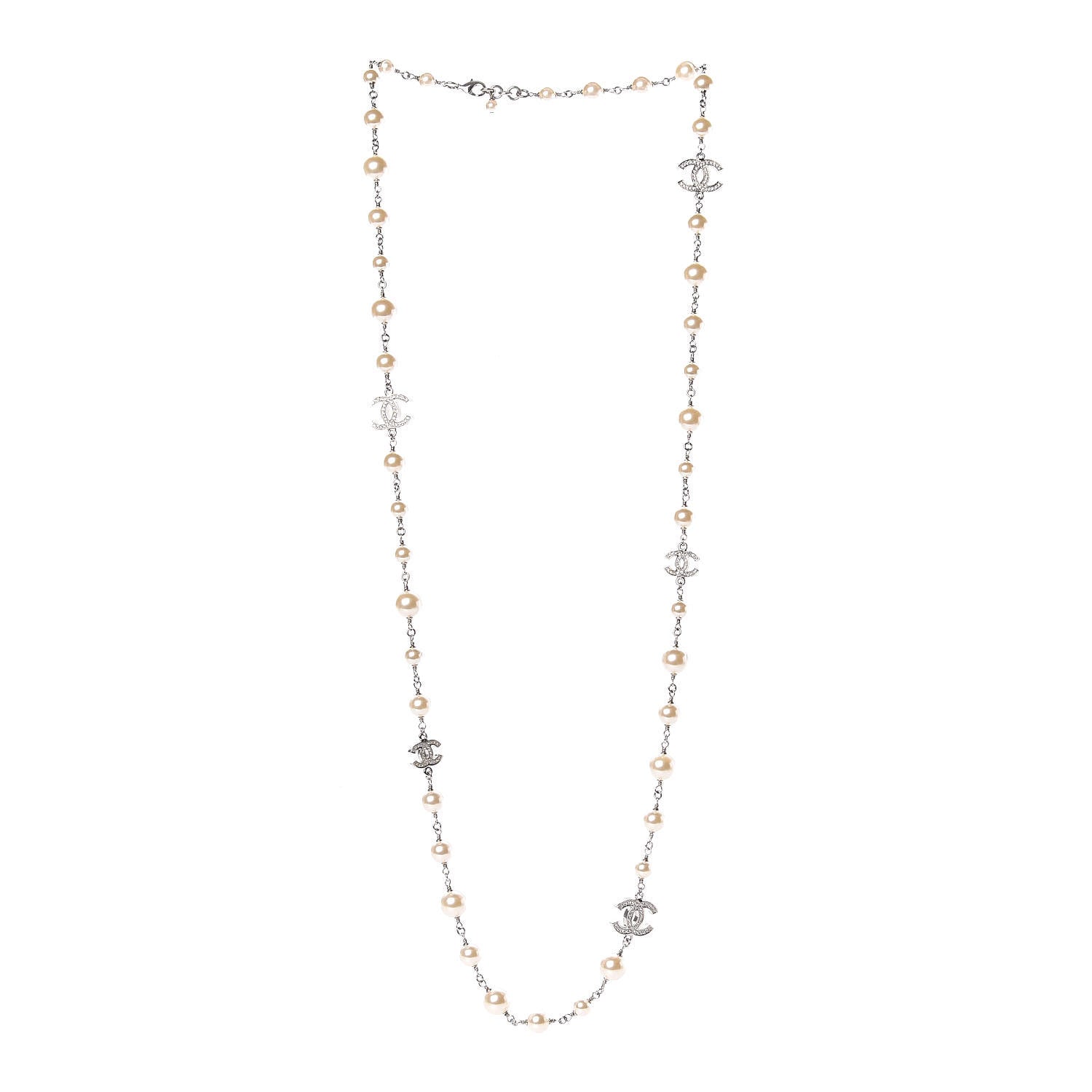 Chanel Graduated Pearl Crystal CC Long Necklace Silver 3 of 5