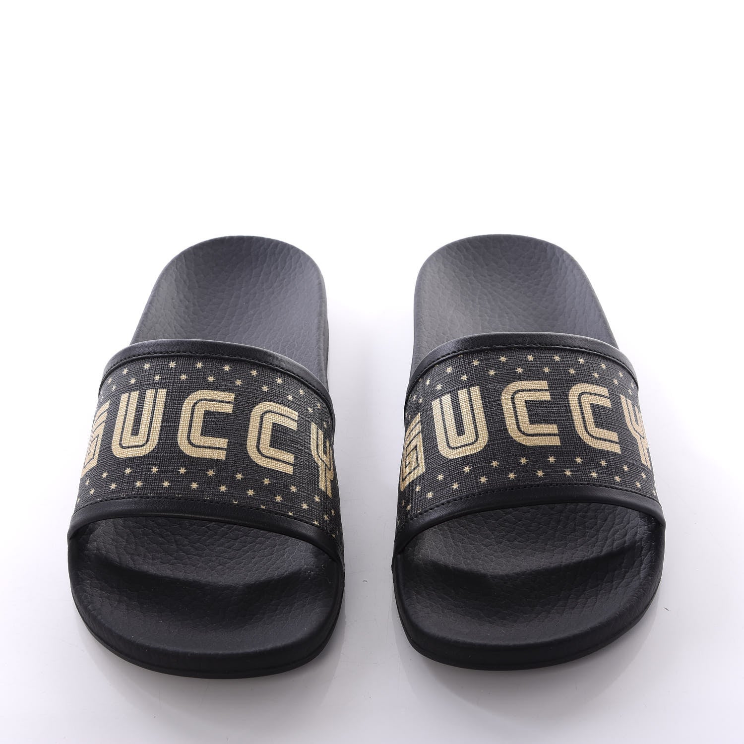 Gucci X SEGA Supreme Canvas GUCCY Stars Womens Slide Sandals 35 Black Gold 5 of 10