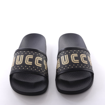 Gucci X SEGA Supreme Canvas GUCCY Stars Womens Slide Sandals 35 Black Gold 5 of 10