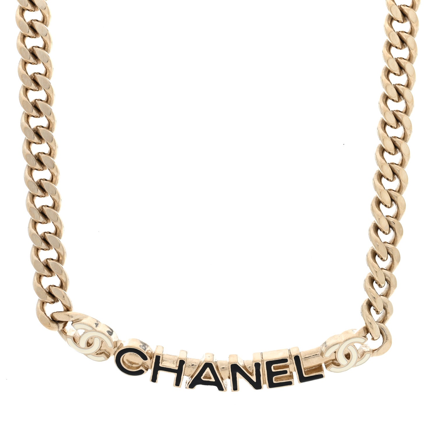 Chanel Enamel Metal Logo Choker Necklace Gold Black White 1 of 8
