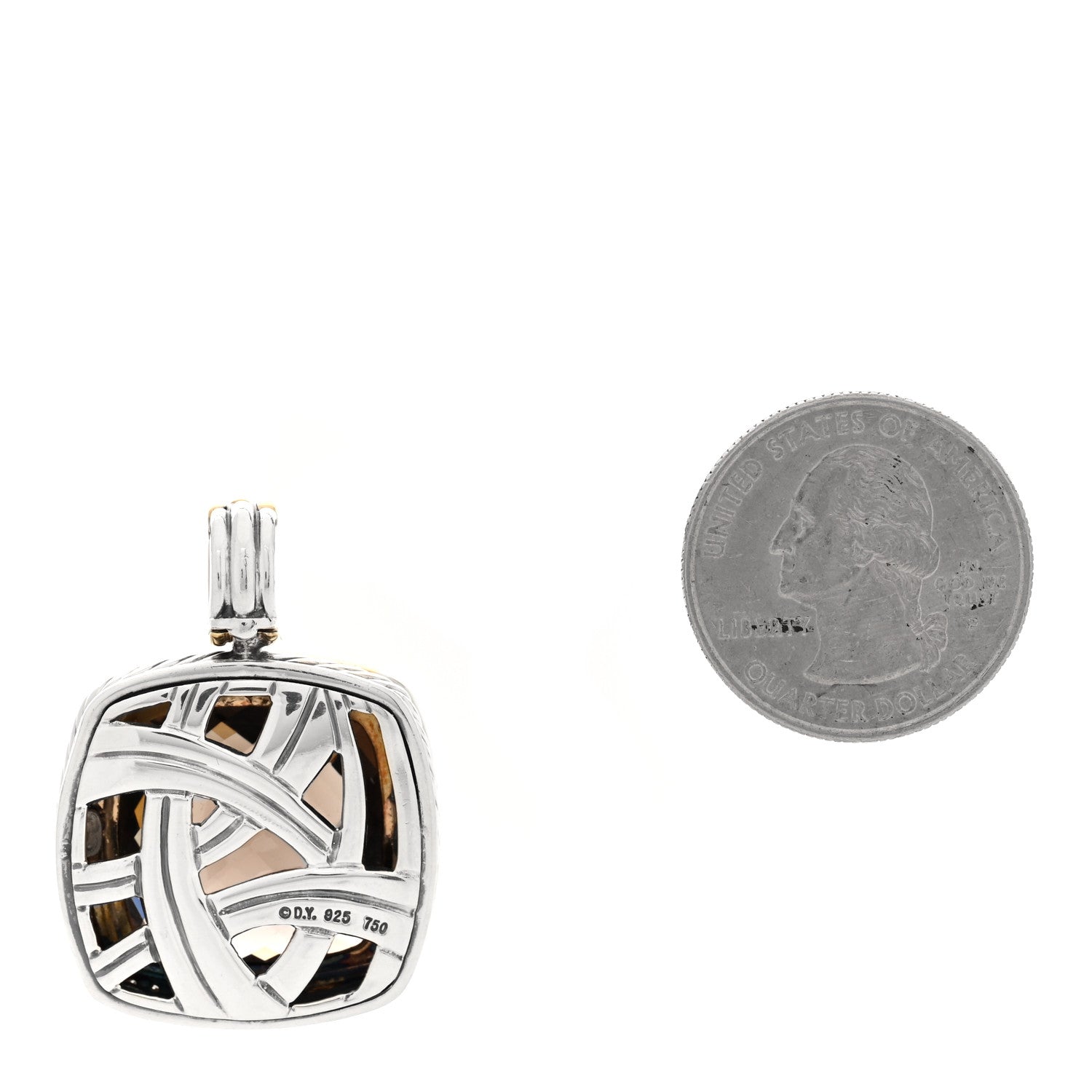 David Yurman Sterling Silver 18K Yellow Gold Diamond Smoky Quartz 19mm Albion Enhancer Pendant 2 of 3