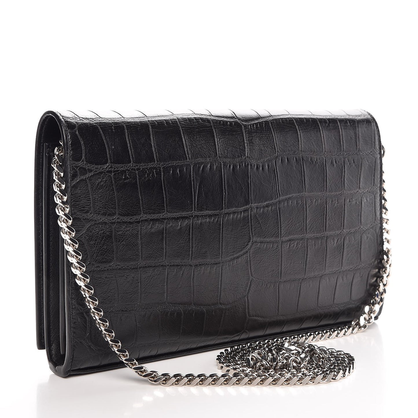Calfskin Crocodile Embossed Monogram Chain Wallet Black