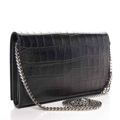 Saint Laurent Calfskin Crocodile Embossed Monogram Chain Wallet Black 3 of 7