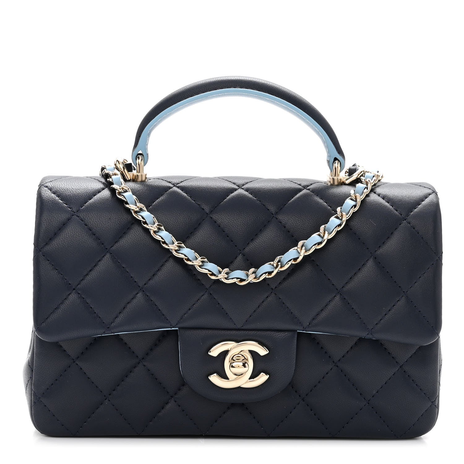 Chanel Lambskin Quilted Bi-Color Mini Top Handle Rectangular Flap Navy Blue Light Blue 1 of 11