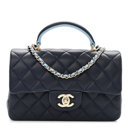 Chanel Lambskin Quilted Bi-Color Mini Top Handle Rectangular Flap Navy Blue Light Blue 1 of 11