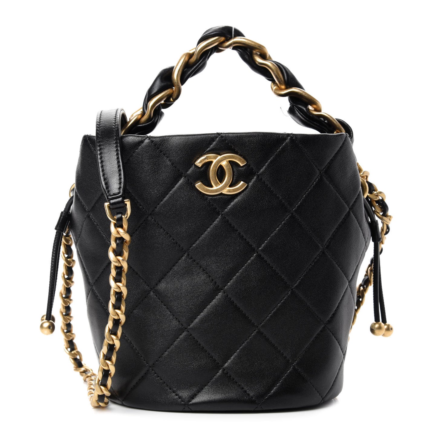 Shiny Lambskin Quilted Small Chain Is More Drawstring Bag Black