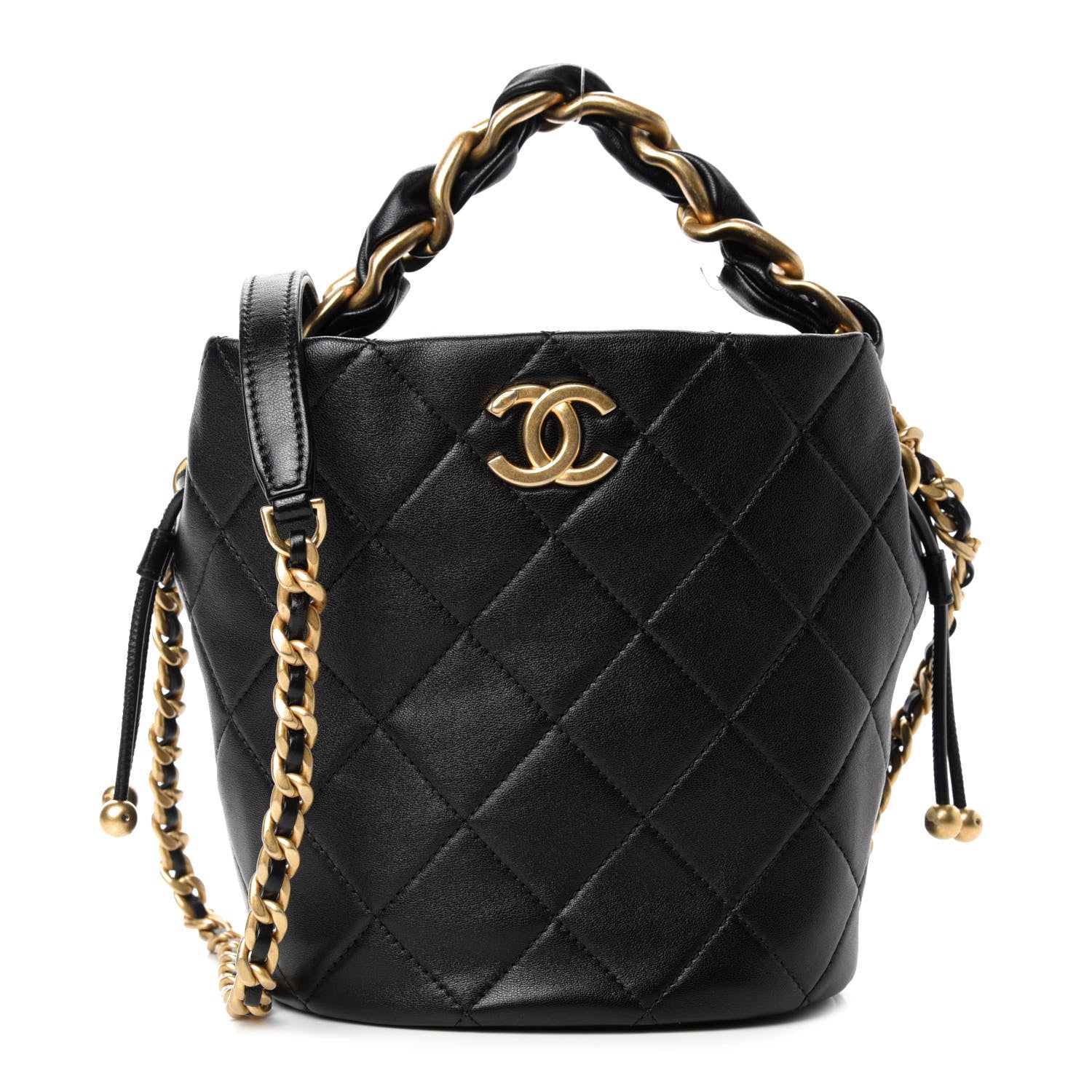 Chanel Shiny Lambskin Quilted Small Chain Is More Drawstring Bag Black 1 of 11