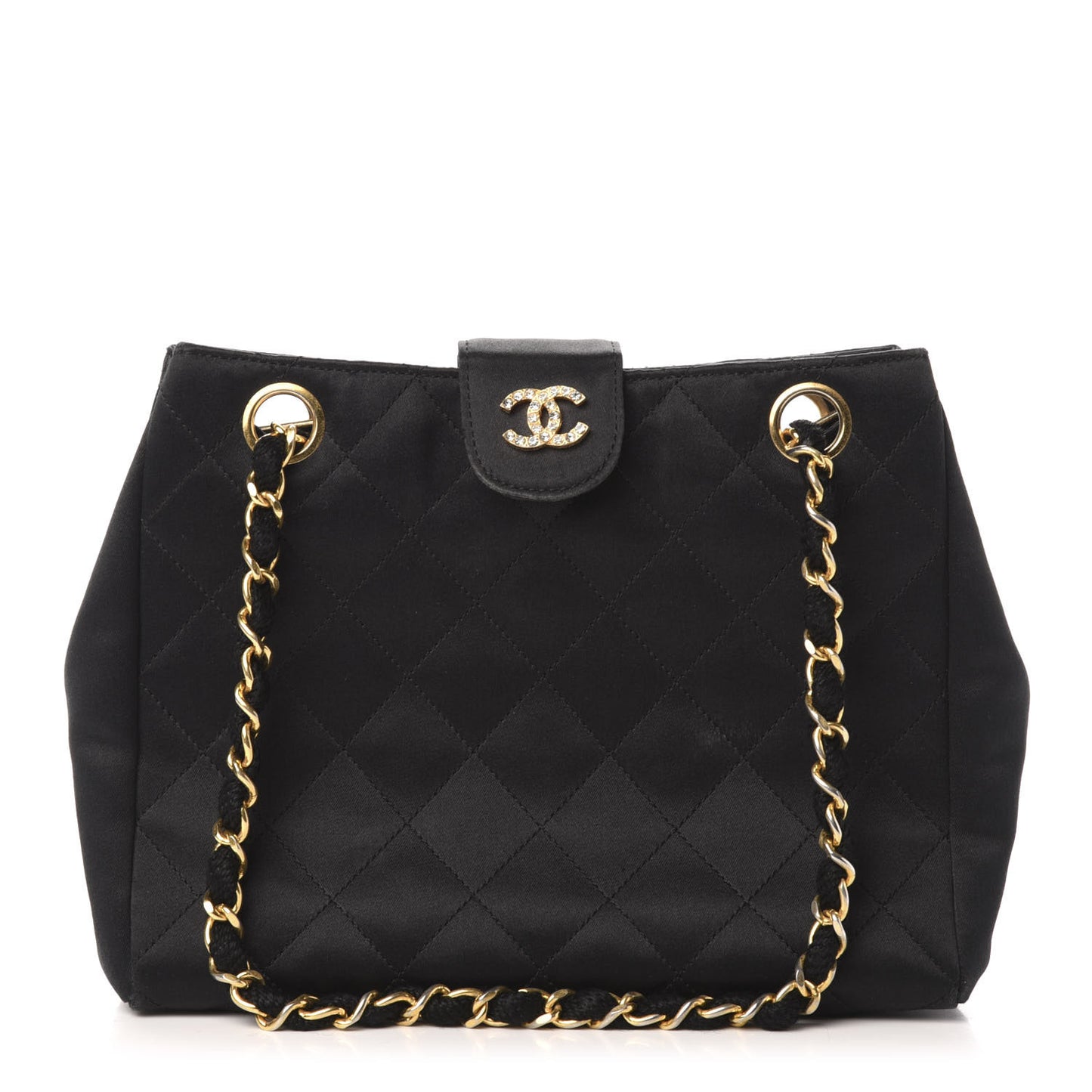 Satin Quilted Crystal CC Shoulder Bag Black