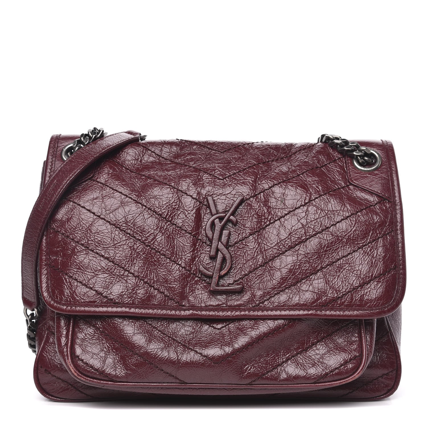 Saint Laurent Crinkled Calfskin Matelasse Monogram Medium Niki Chain Satchel Burgundy 1 of 14