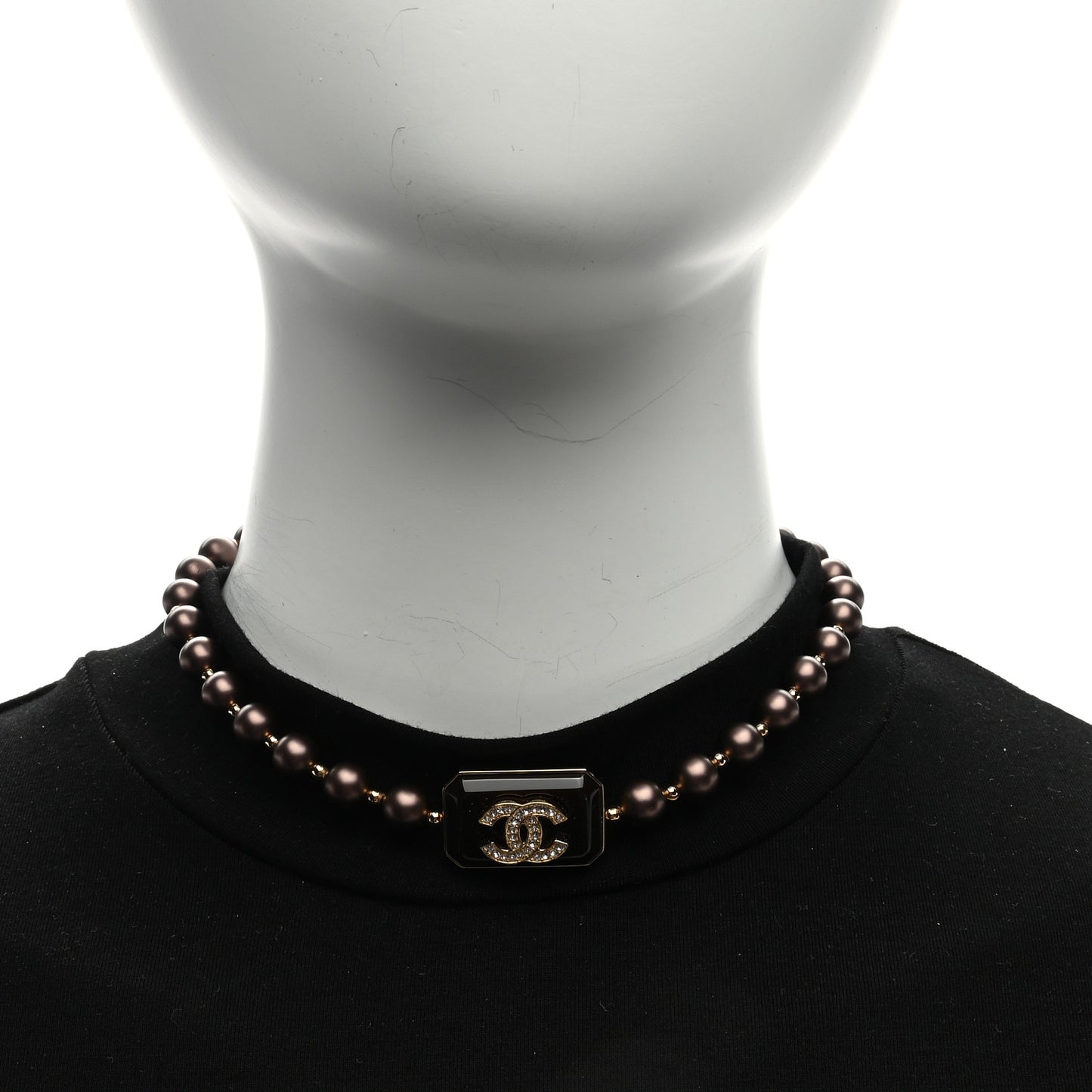 Pearl Crystal CC Choker Necklace Brown Gold