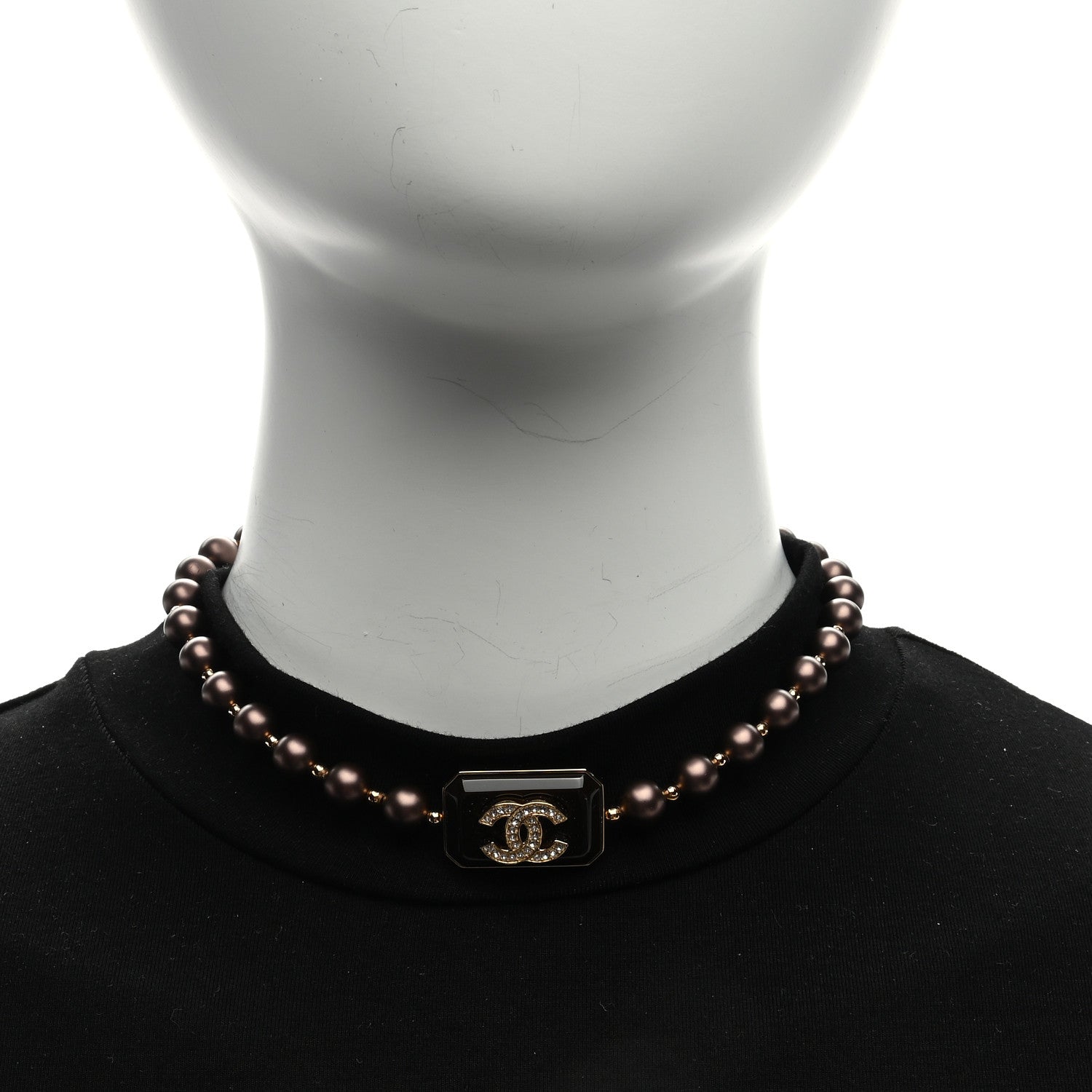 Chanel Pearl Crystal CC Choker Necklace Brown Gold 2 of 4