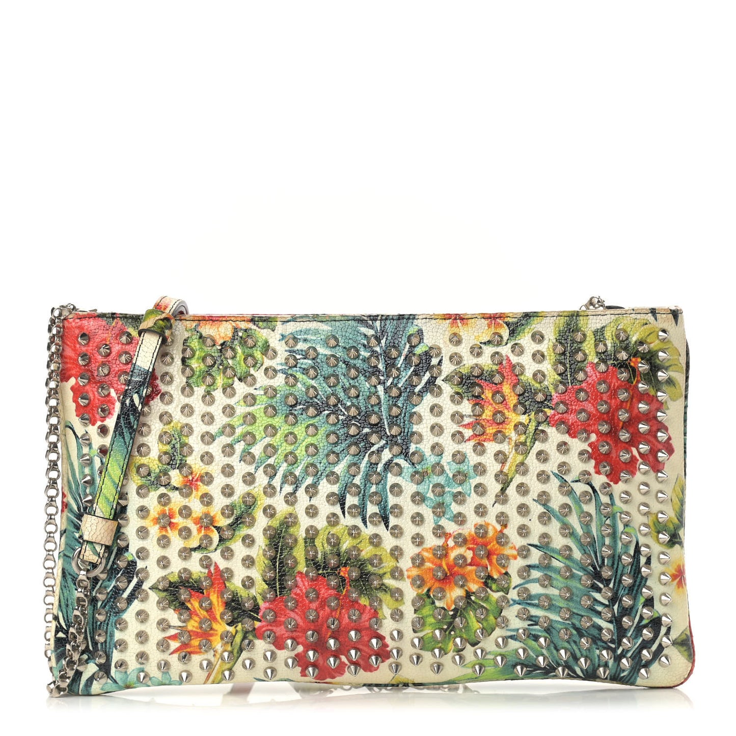 Calfskin Studded Floral Mosaic Loubiclutch Crossbody Clutch White Multicolor