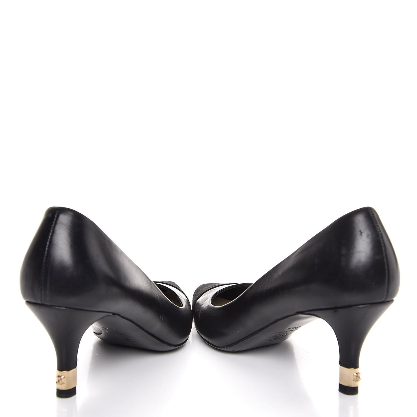Lambskin Satin CC Cap Toe Kitten Heel Pumps 34.5 Black