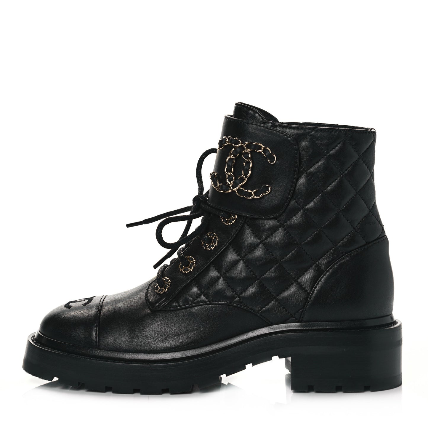 Shiny Lambskin Quilted Lace Up Combat Boots 37 Black
