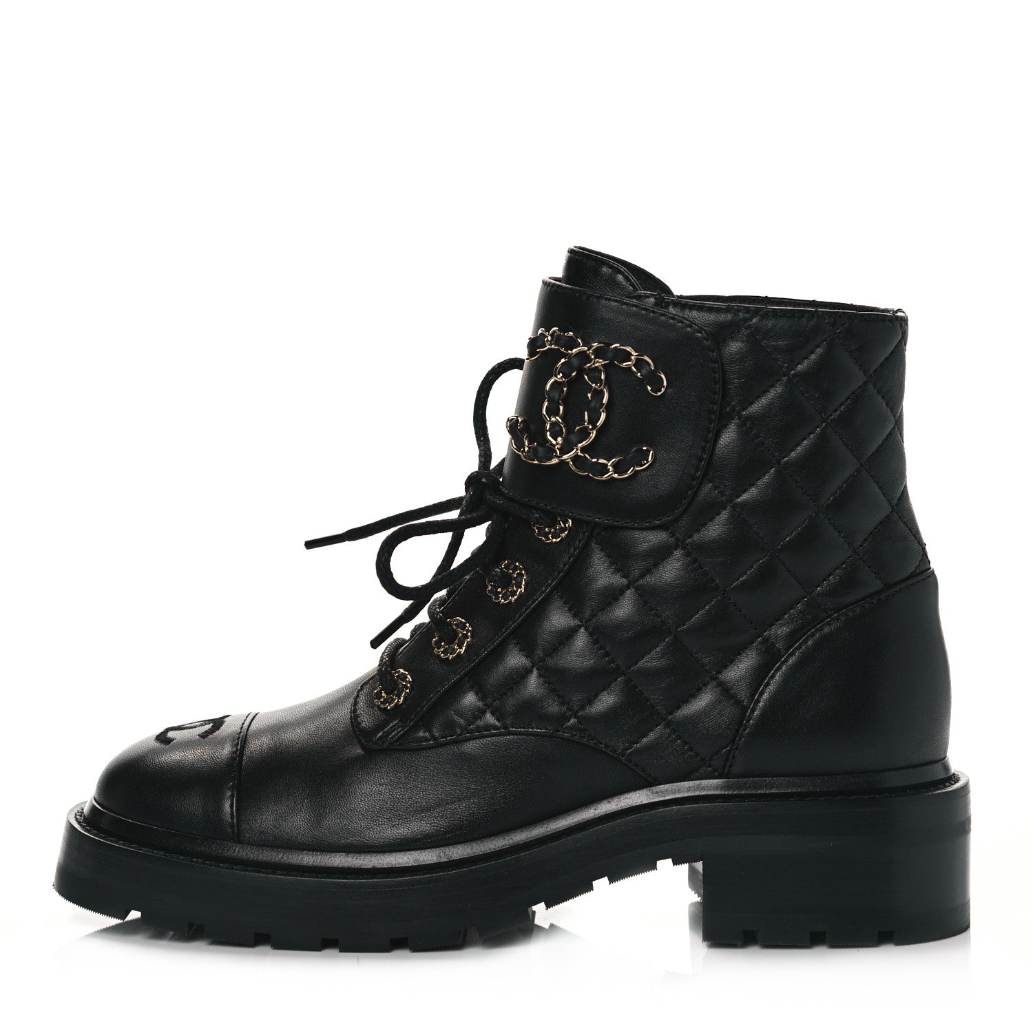 Chanel Shiny Lambskin Quilted Lace Up Combat Boots 37 Black 1 of 7