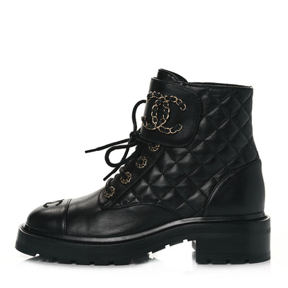 Chanel Shiny Lambskin Quilted Lace Up Combat Boots 37 Black 1 of 7