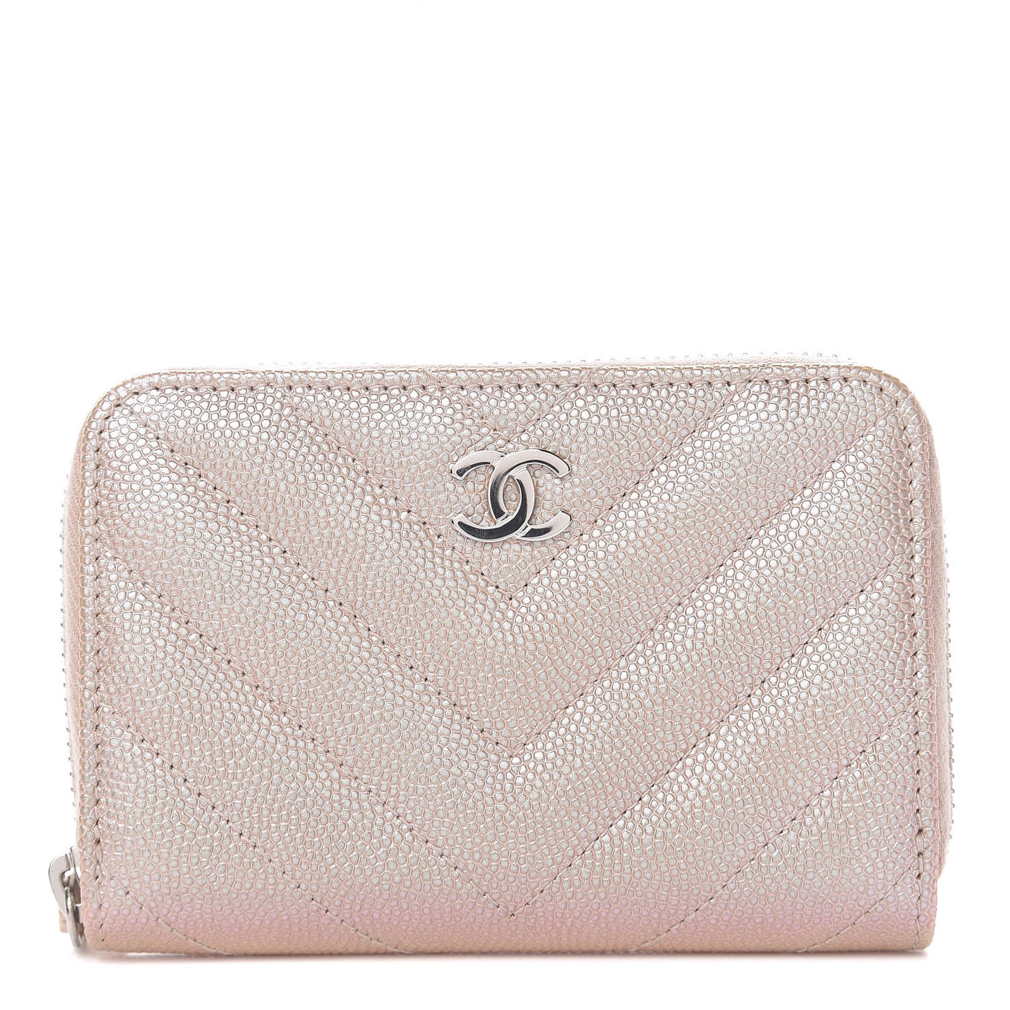 Metallic Caviar Chevron Quilted Zip Around Coin Purse Light Gold