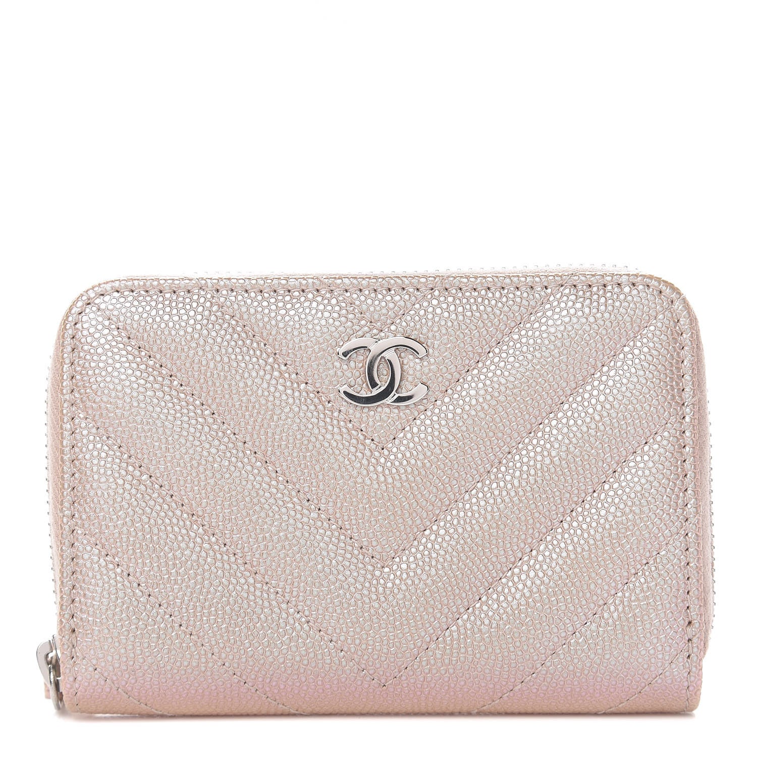 Chanel Metallic Caviar Chevron Quilted Zip Around Coin Purse Light Gold 1 of 9