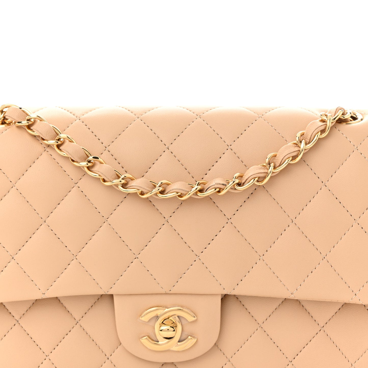 Lambskin Quilted Medium Double Flap Beige