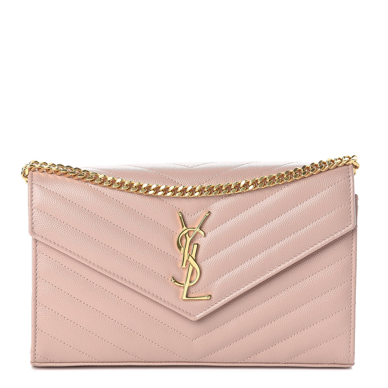 Saint Laurent Grain De Poudre Matelasse Chevron Monogram Chain Wallet Pale Blush 1 of 8