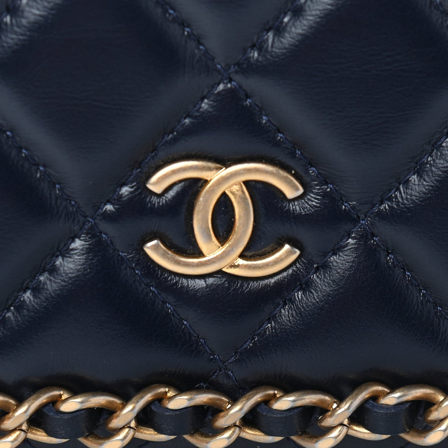 Lambskin Quilted Chain Around Wallet On Chain WOC Navy Blue
