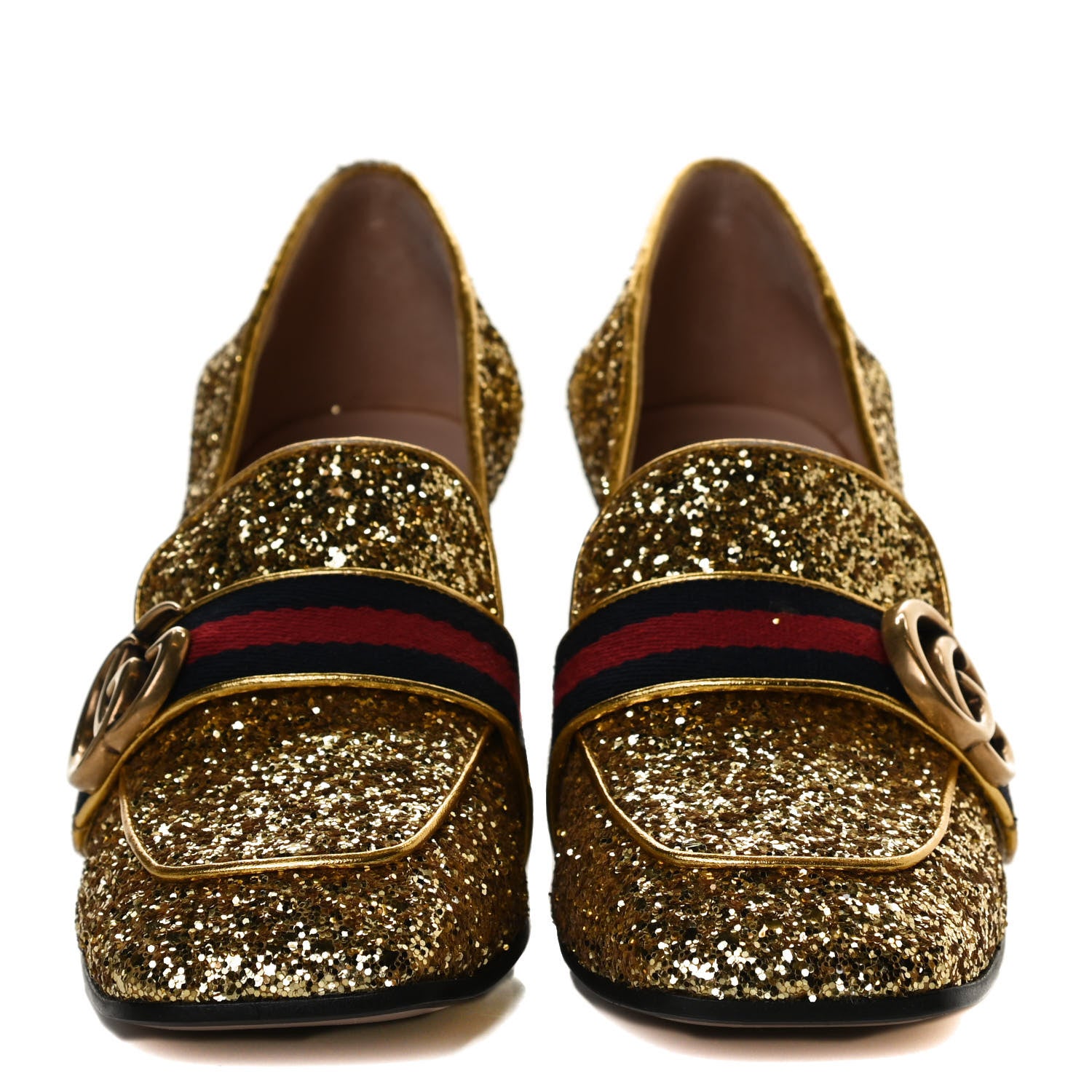 Gucci Glitter Nappa Web Peyton 75mm Loafer Pumps 36.5 Oro Vecchio 3 of 13