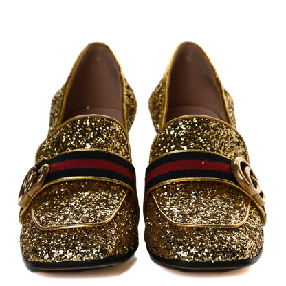 Gucci Glitter Nappa Web Peyton 75mm Loafer Pumps 36.5 Oro Vecchio 3 of 13