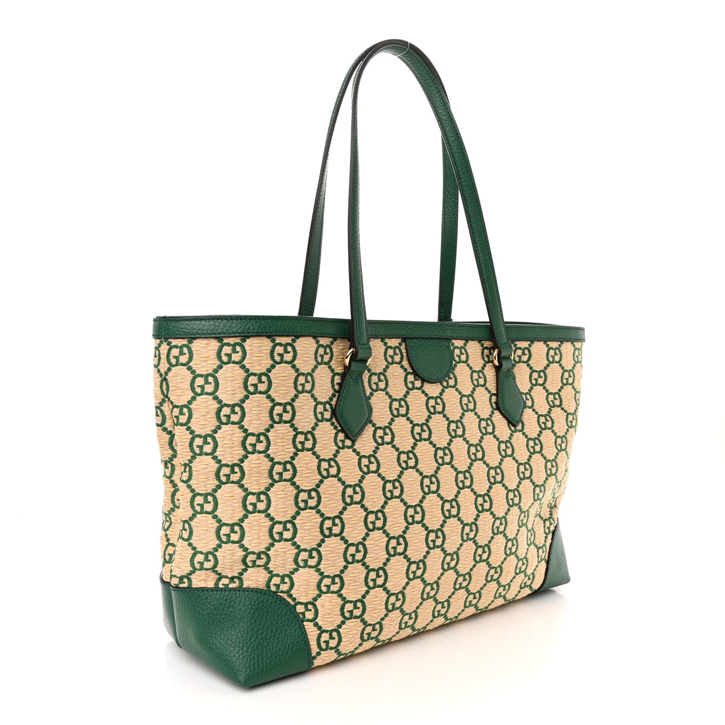 Straw Jacquard Dollar Calfskin GG Monogram Medium Ophidia Shopping Tote Natural Emerald