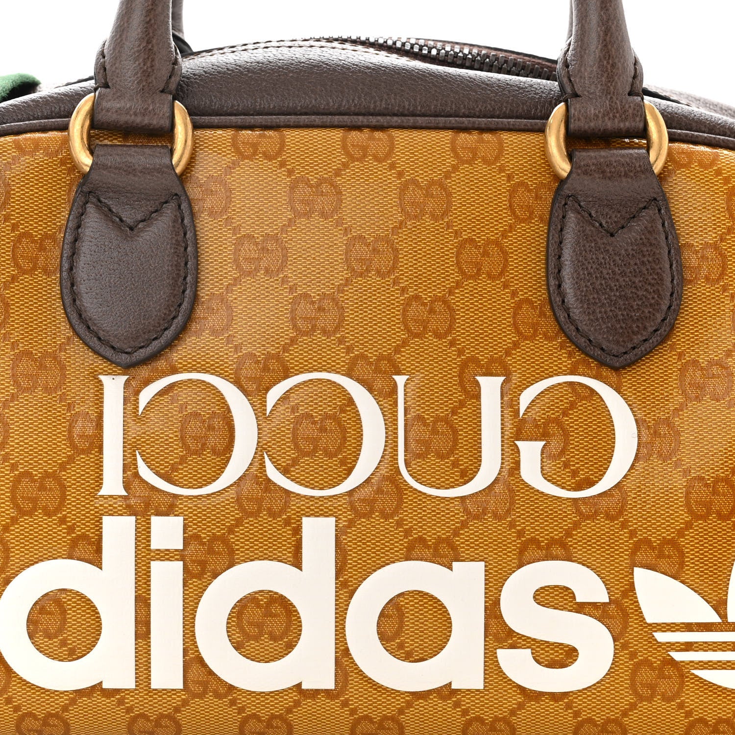 Gucci X ADIDAS Crystal Vintage Monogram Textured Dollar Calfskin Web Trefoil Logo Mini Bowling Bag Mid Natural Nut Off White New Acero 8 of 10