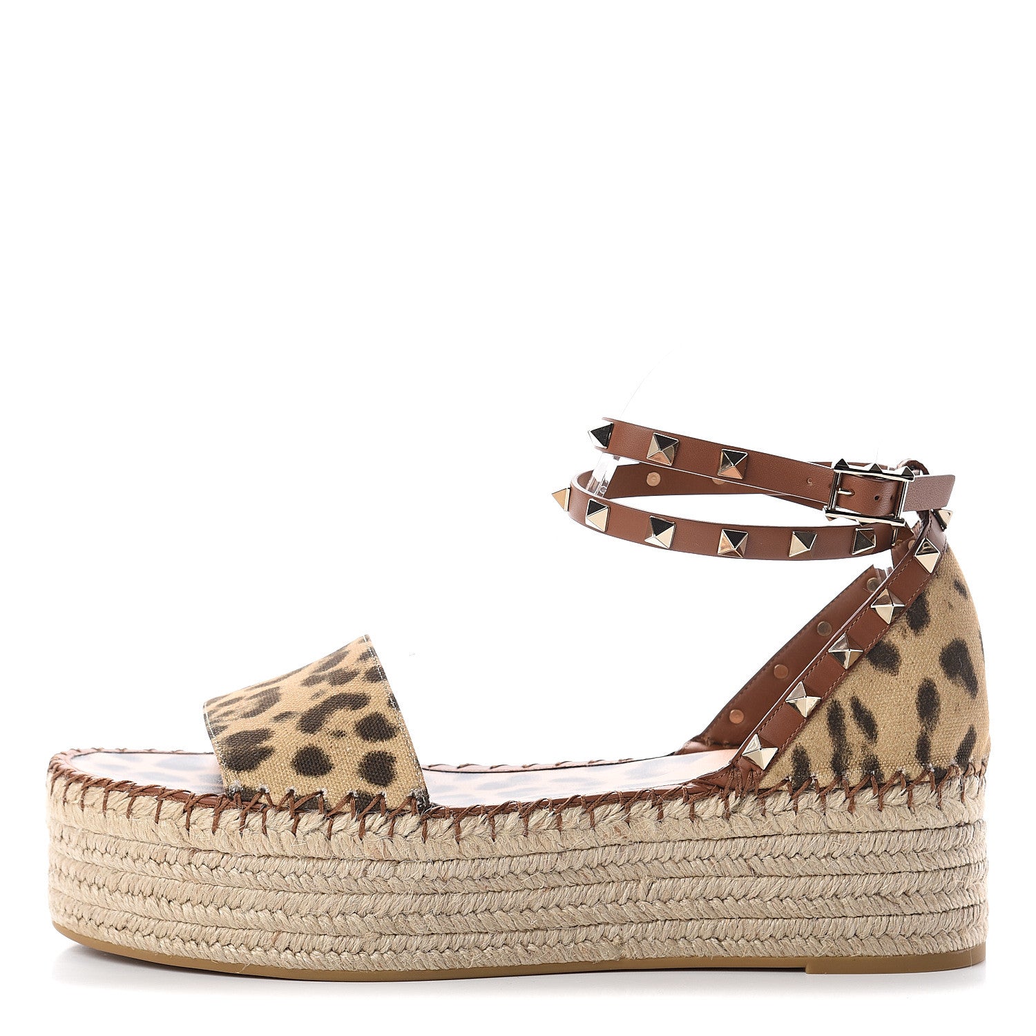 Valentino Garavani Canvas Leopard Print Rockstud Ankle Wrap Espadrille Flatform Sandals 41 Brown 1 of 7