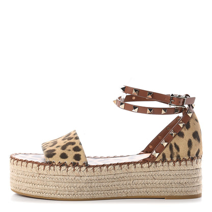 Valentino Garavani Canvas Leopard Print Rockstud Ankle Wrap Espadrille Flatform Sandals 41 Brown 1 of 7