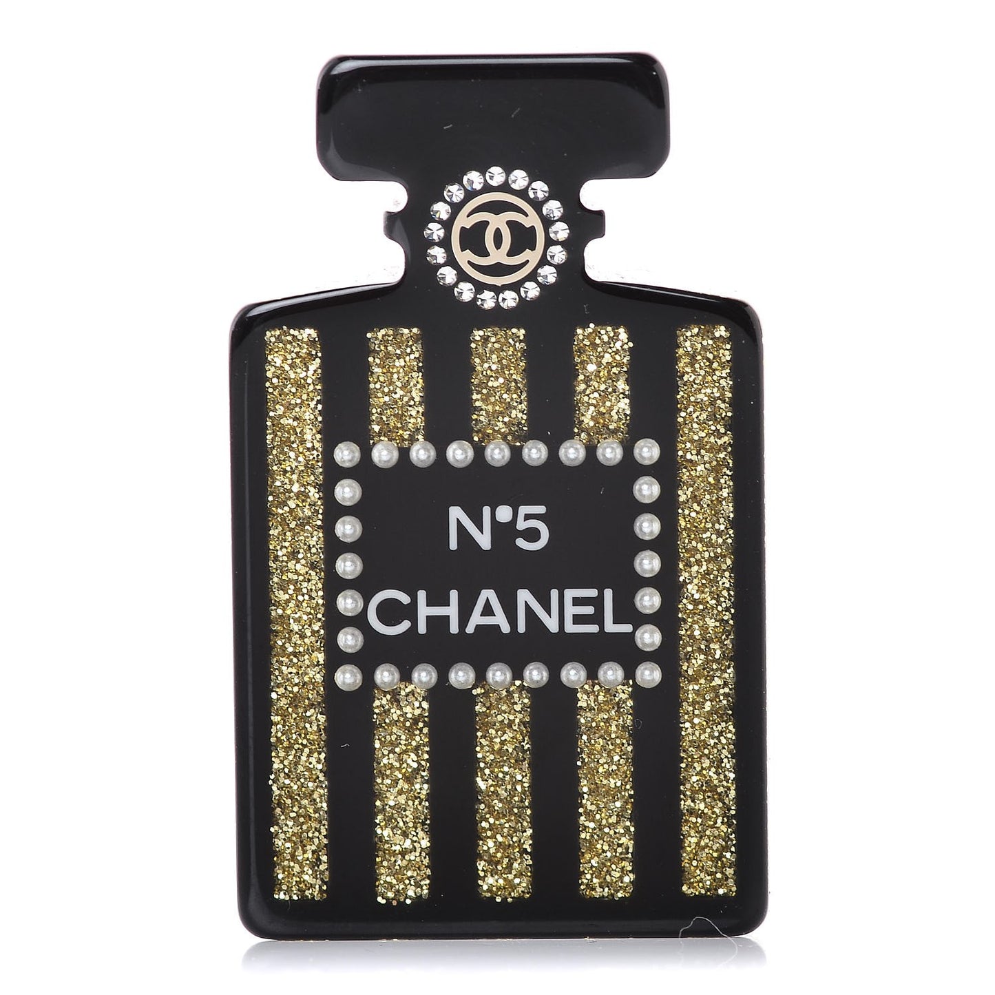 Resin Strass Perfume Bottle CC Brooch Black Gold