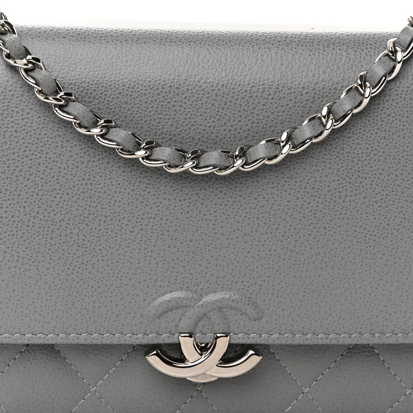 Grained Calfskin Quilted CC Box Wallet On Chain WOC Grey