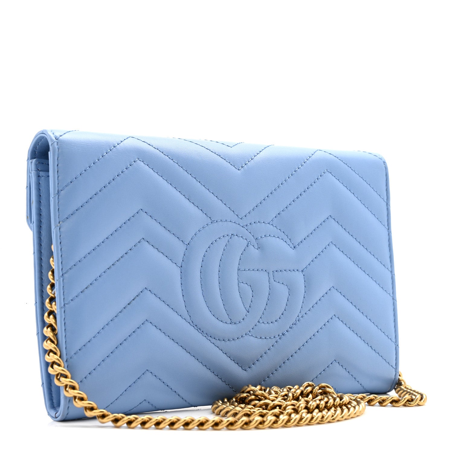 Gucci Calfskin Matelasse Mini GG Marmont Chain Wallet Clear Sky Blue 3 of 13
