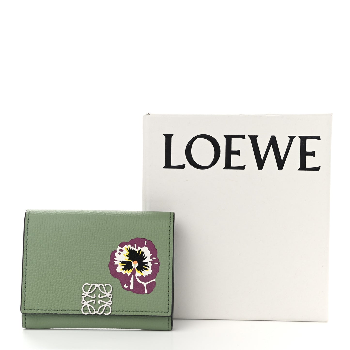 Pebble Grain Calfskin Pansies Print Coin Cardholder Rosemary