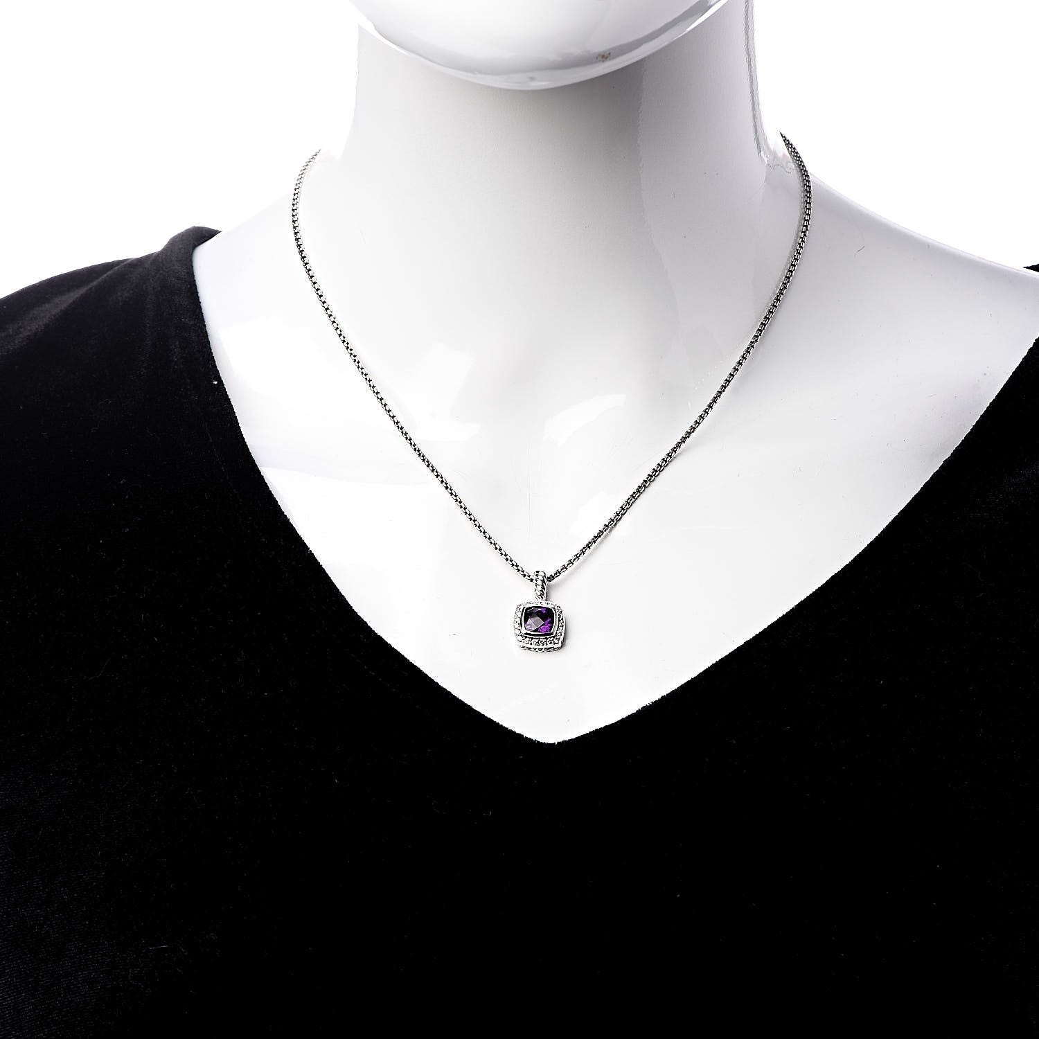 David Yurman Sterling Silver Diamond Amethyst 7mm Petite Albion Pendant Necklace 2 of 6