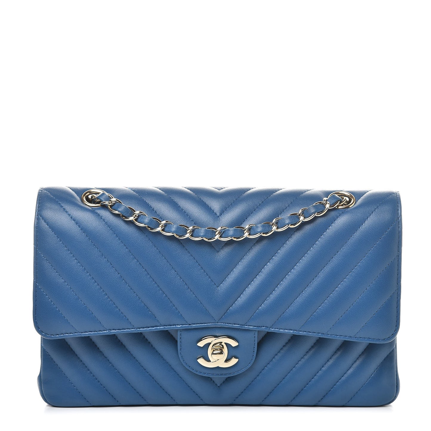 Lambskin Chevron Quilted Medium Double Flap Blue